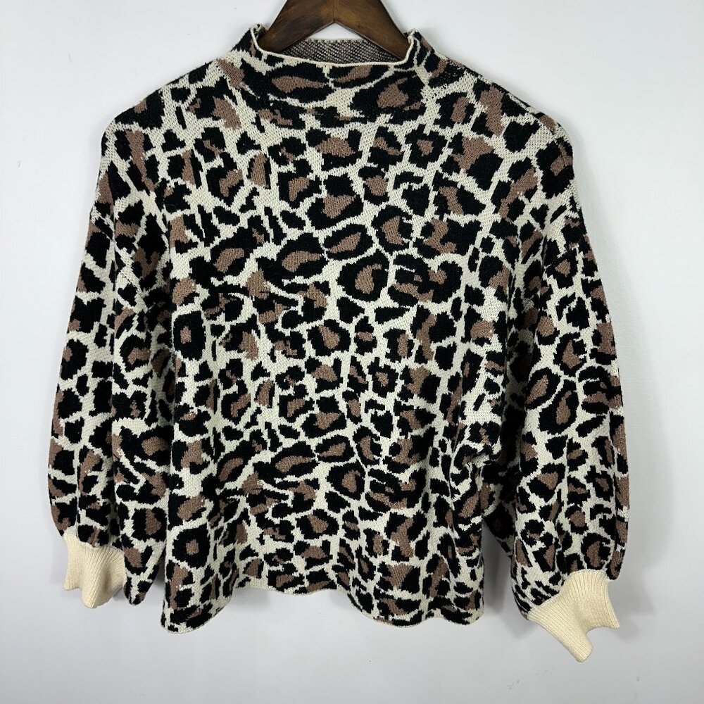 Line & Dot Leopard Sweater Womens Large Tan Black Mock Neck Balloon Sleeve
